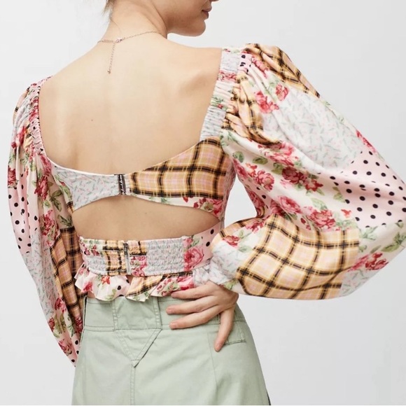 For Love and Lemons Marissa Patchwork Crop Puff Sleeve Shirt Top Size Small S - Picture 2 of 16